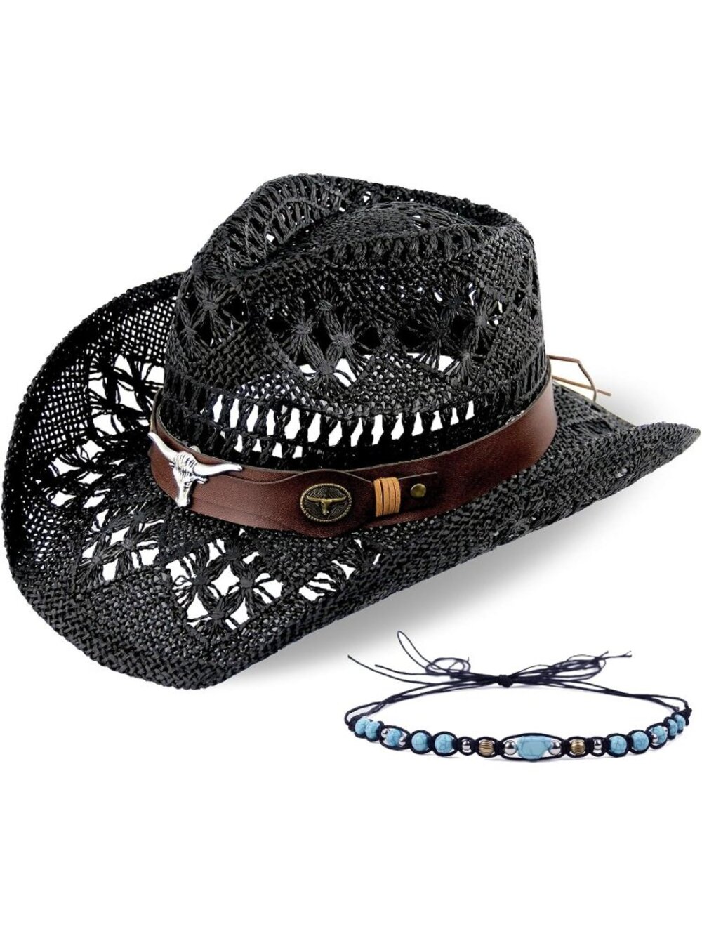 Men's Black Pull-On Straw Two Decorative Band Cowboy Cowgirl Hat
